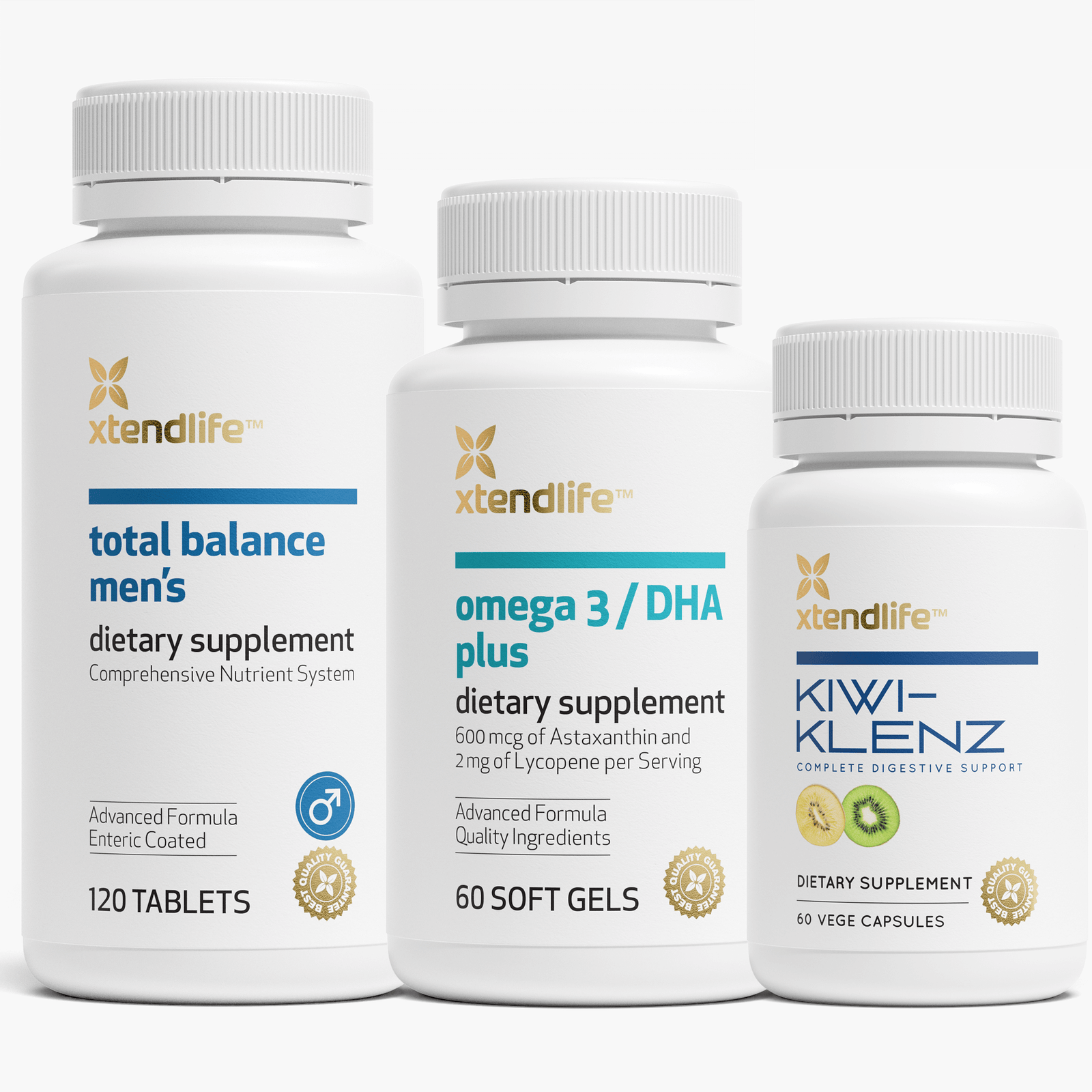 Core Wellness Men's Standard bundle containing Total Balance Men's, Omega 3/DHA Plus, and Kiwi-Klenz