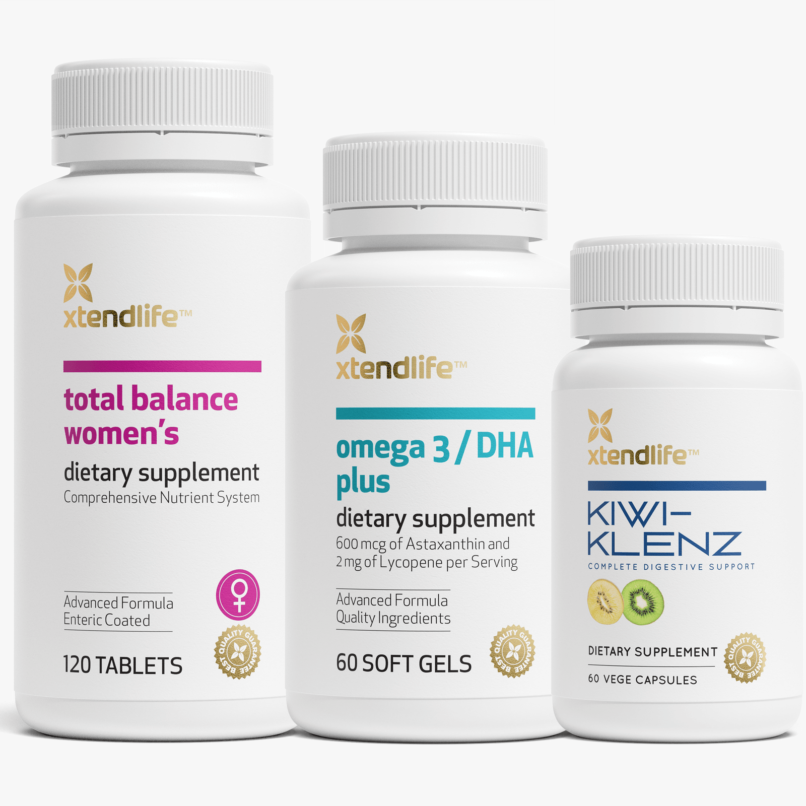 Core Wellness Women's Standard bundle containing Total Balance Women's, Omega 3/DHA Plus, and Kiwi-Klenz